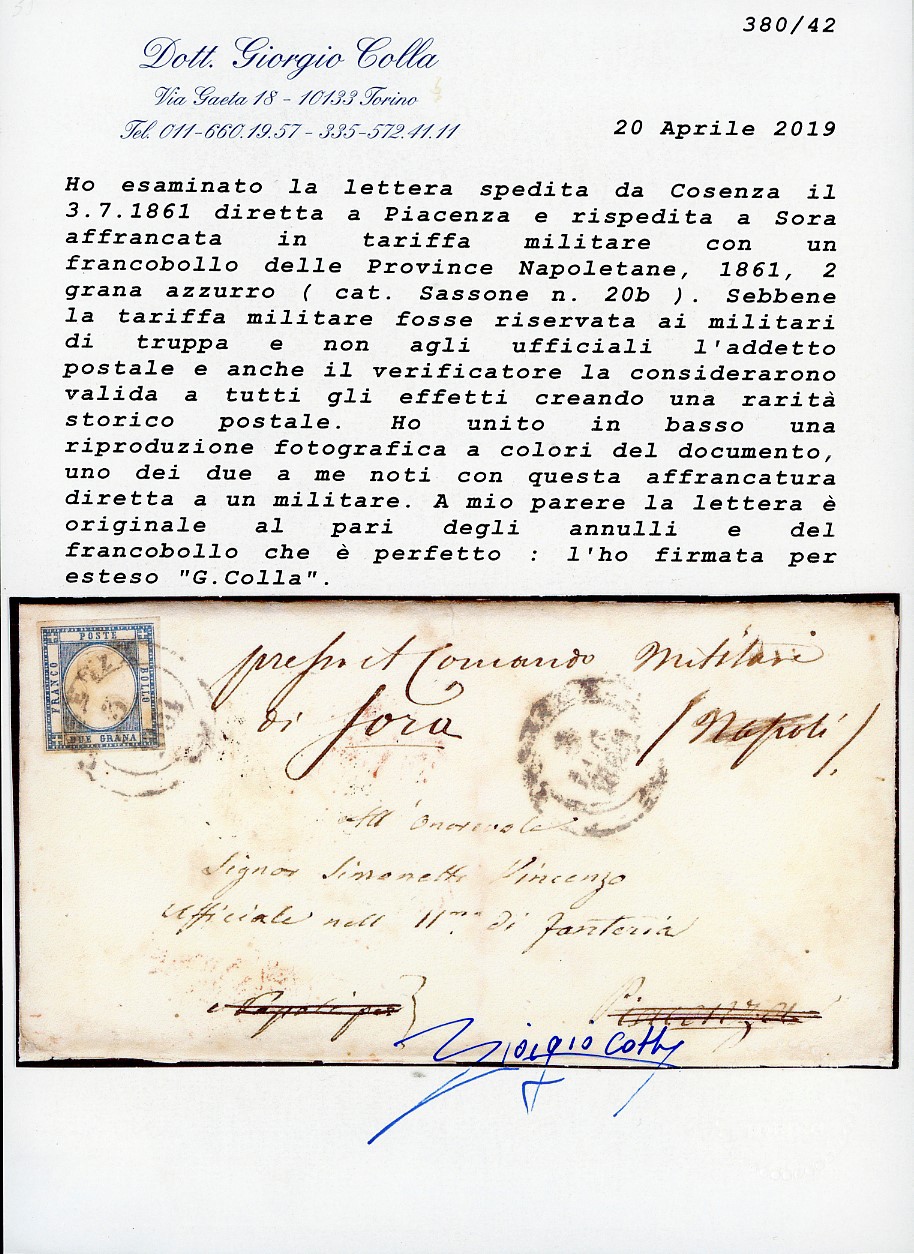 1861, 2 Grana Azzurro (20b), Affrancatura Isolata con Tariffa Ridotta per Militari su Lettera da ...