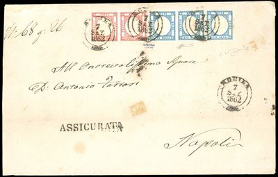 1862, Striscia orizzontale di tre francobolli da 2 grana azzurro e coppia da 5 grana rosso carmin...