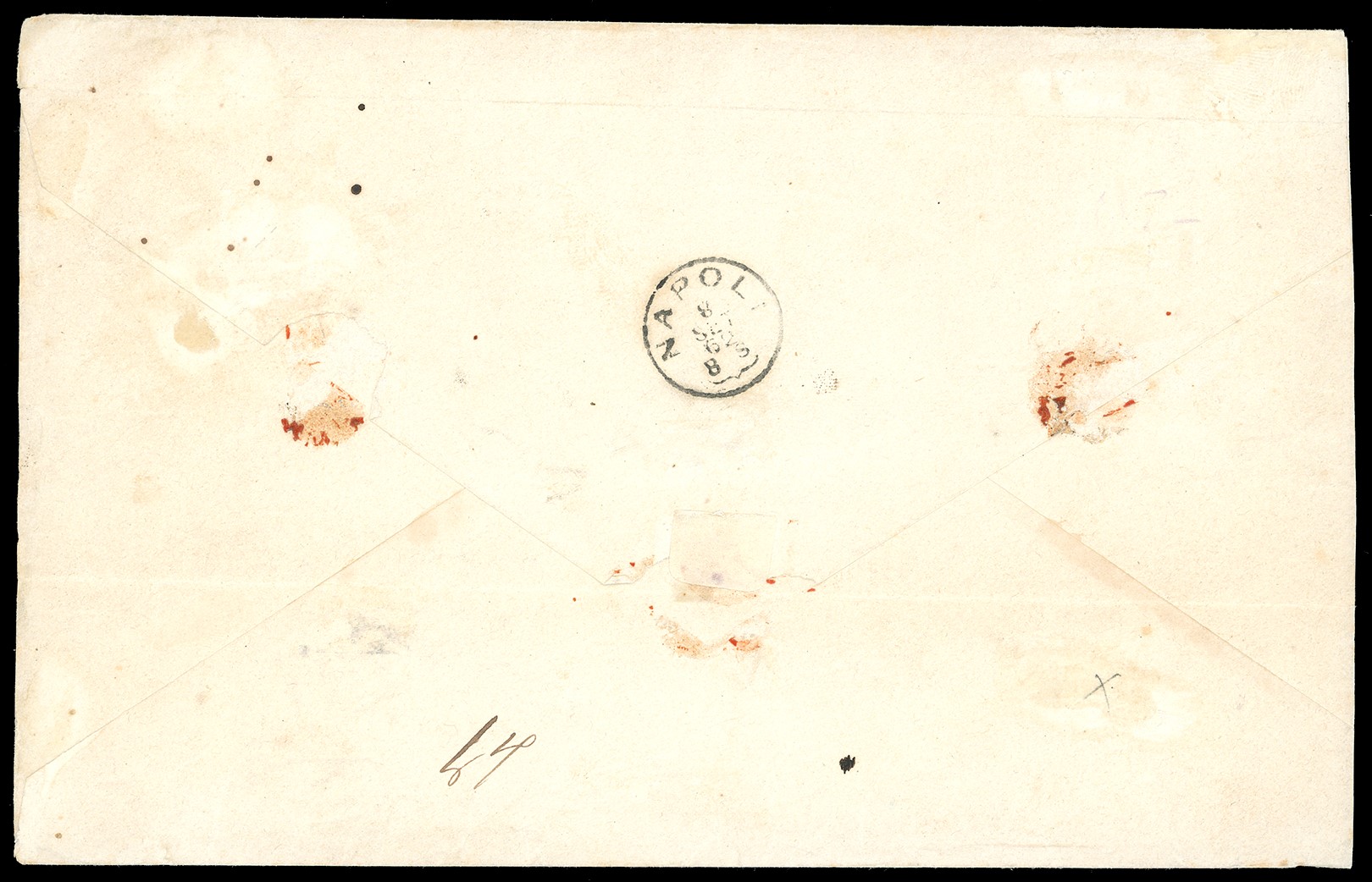 1862, Striscia orizzontale di tre francobolli da 2 grana azzurro e coppia da 5 grana rosso carmin...
