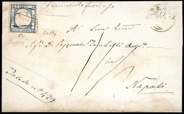 1861 - 2 grana indaco chiaro (20e), perfetto, su lettera da Teano 17/10/1862 a Napoli. Essendo il francobollo fuori uso dal 1° ottobre 1862, venne barrato con tratti di penna, indicando sul fronte "francobollo fuori uso" e la tassa 1 1/2. Interessante e rara. Sassone, cert. Colla.