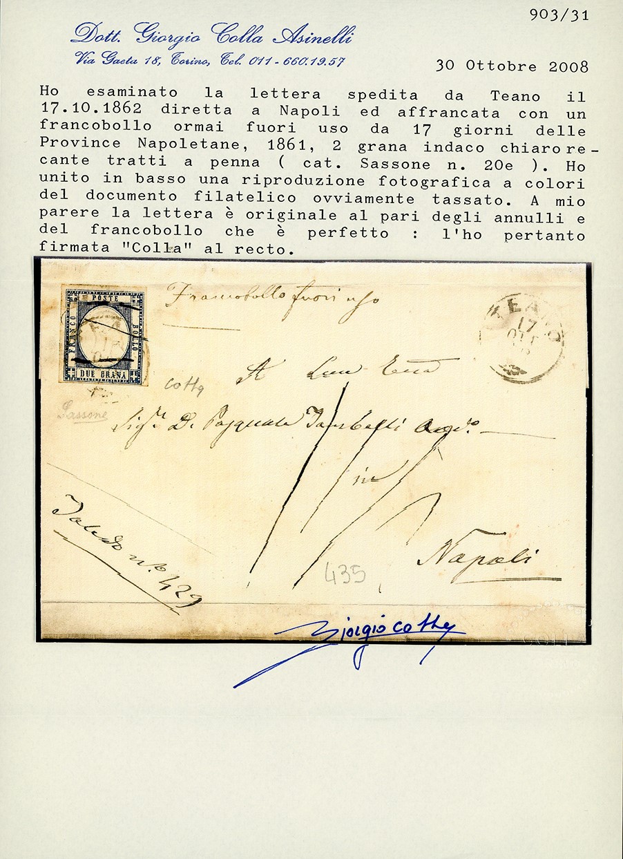 1861, 2 grana indaco chiaro su lettera da Teano a Napoli, francobollo fuori uso