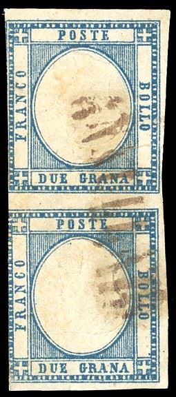 1861 - 2 grana azzurro, EFFIGIE CAPOVOLTA (20f), coppia verticale, margine sinistro intaccato, usato con il lineare annullato in rosso. Rarissimo multiplo di questa affascinante varietà. Chiavarello, cert. Storico Emilio Diena  (1941) e Bottacchi. Ex coll. Imperato.