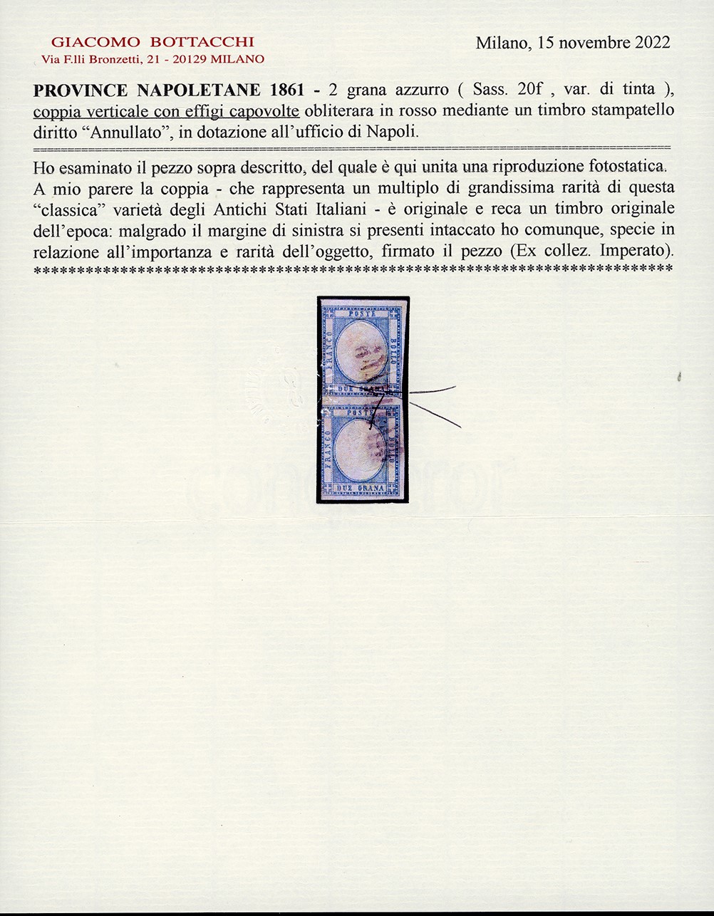 1861, 2 grana azzurro, effigie capovolta (20f), coppia verticale con margine sinistro intaccato