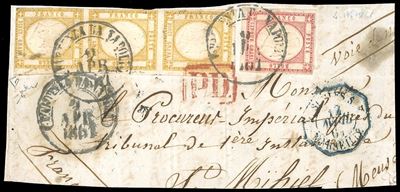 1861, 10 grana bistro arancio e 5 grana rosso carminio, striscia verticale di tre