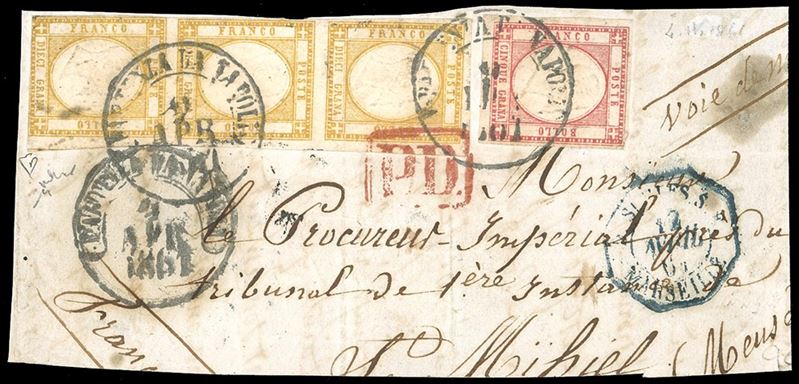 1861 - 10 grana bistro arancio, striscia verticale di tre, 5 grana rosso carminio (22d,21), difetti, su gran parte di frontespizio da Napoli 2/4/1861 per la Francia. E.Diena, Chiavarello, cert. Ferrario.  - Auction Philately - Cambi Casa d'Aste