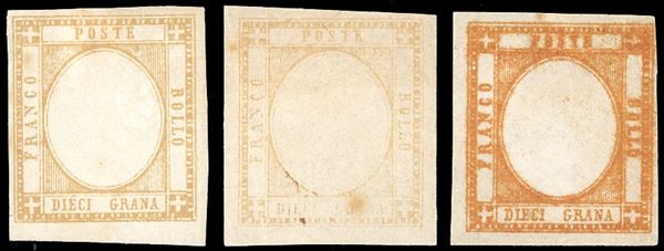 1861 - 10 grana, tre esemplari in colori diversi, tutti senza effigie, nuovi, due gomma originale, uno senza gomma, buono stato. Pregevole e raro insieme. Ferrario. Cert. Diena.