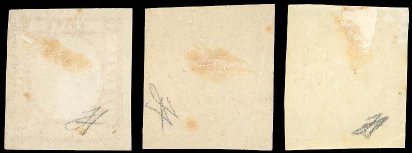 Ferrario, 10 grana 1861, tre esemplari in colori diversi senza effigie