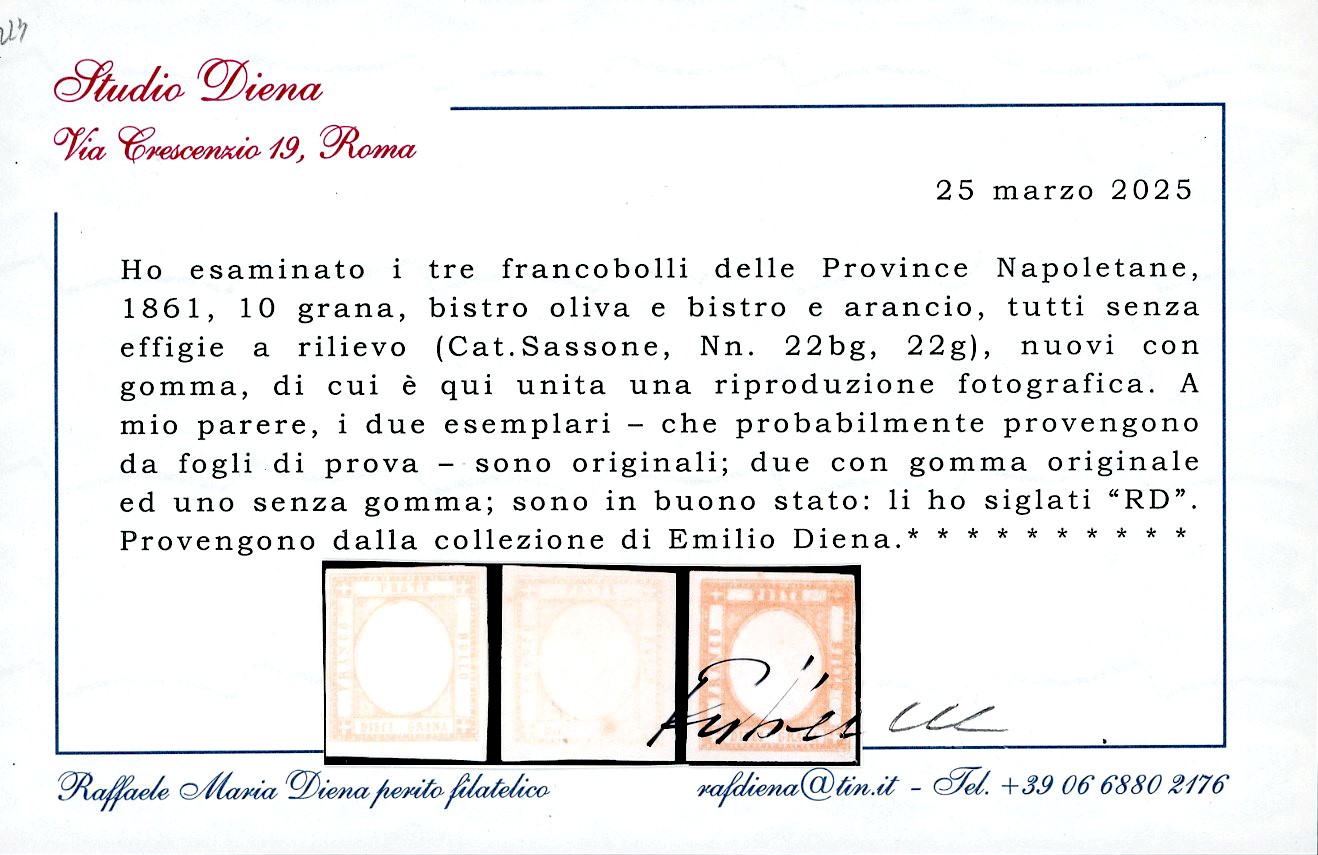 Ferrario, 10 grana 1861, tre esemplari in colori diversi senza effigie