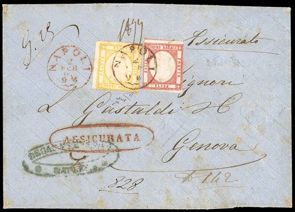 1862 - 20 grana giallo, leggermente intaccato in basso, 5 grana rosso carminio, corto orrizontalmente (23,21), su busta assicurata da Napoli 2/2/1862, annulli in rosso, a Genova. Rarissima affrancatura di 25 grana. E.Diena, Chiavarello. Ex coll. Imperato.
