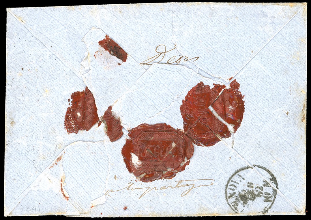 Francobollo, 1862 - 20 grana giallo e 5 grana rosso carminio su busta assicurata