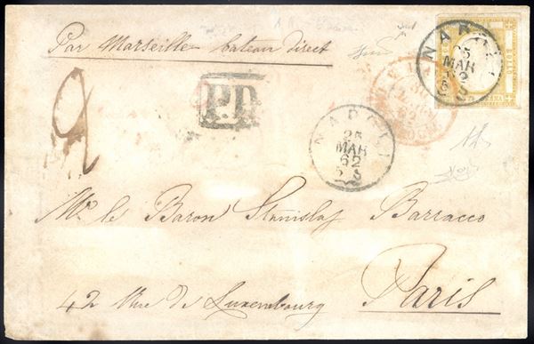 1862 - 20 grana arancio (23b), perfetto e ben marginato, su lettera di doppio porto da Napoli 25/3/1862 a Parigi. Raro uso isolato, impreziosito dalla pregevole tinta. A.Diena, Chiavarello, cert. Ferrario. Ex coll. Imperato.
