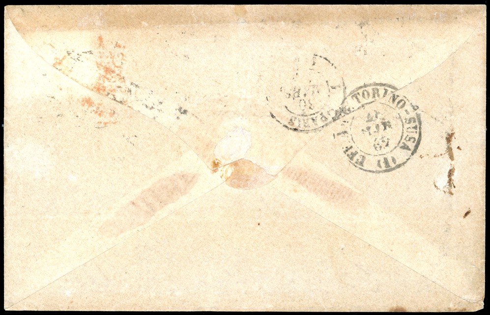 1862, 20 grana arancio (23b) su lettera di doppio porto da Napoli a Parigi
