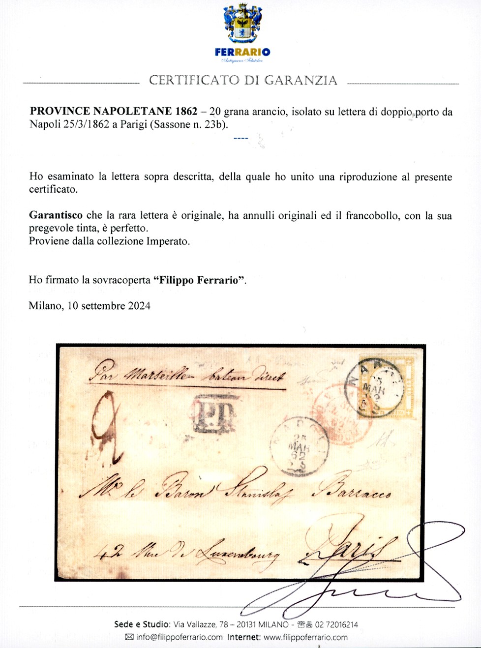 1862, 20 grana arancio (23b) su lettera di doppio porto da Napoli a Parigi