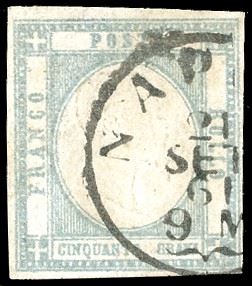1861 - 50 grana grigio perla (24), perfetto, usato a Napoli 21/9/1861. Molto bello, raro di questa qualità. Emilio Diena, cert. Alberto ed Enzo Diena, Ferrario. Ex coll. Imperato.