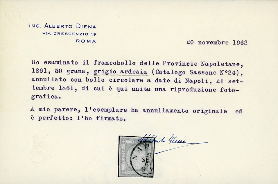 50 Grana Grigio Perla, Napoli 21/9/1861, Certificato Emilio Diena