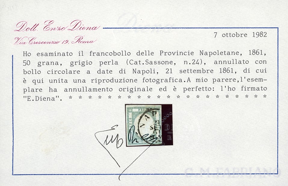 50 Grana Grigio Perla, Napoli 21/9/1861, Certificato Emilio Diena