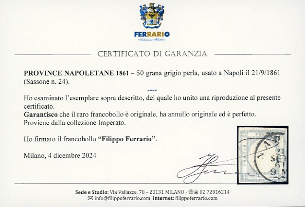 50 Grana Grigio Perla, Napoli 21/9/1861, Certificato Emilio Diena