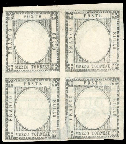 PROVE 1861 - 1/2 tornese, prova di macchina in nero, su carta sottile con al verso la prova in verde di marche per passaporti, senza gomma come sempre, buono stato. Interessante.