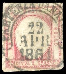 1861 - 5 grana carminio, falso per posta del I tipo (F2), usato con bollo "Partenza da Napoli 22 aprile 1861", riparato nell'angolo superiore destro. Rarissimo, pochissimi esemplari esistenti. Ferrario, cert. Raybaudi e Caffaz.