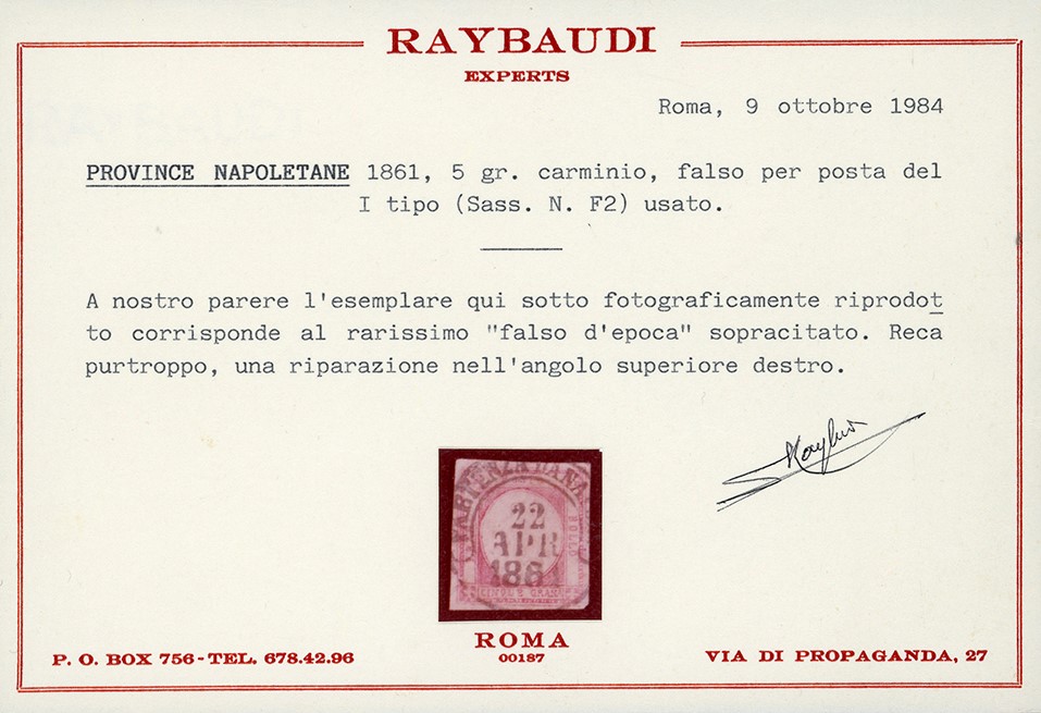 1861, 5 Grana Carminio, Falso per Posta del I Tipo (F2), Bollo 'Partenza da Napoli 22 Aprile 1861...