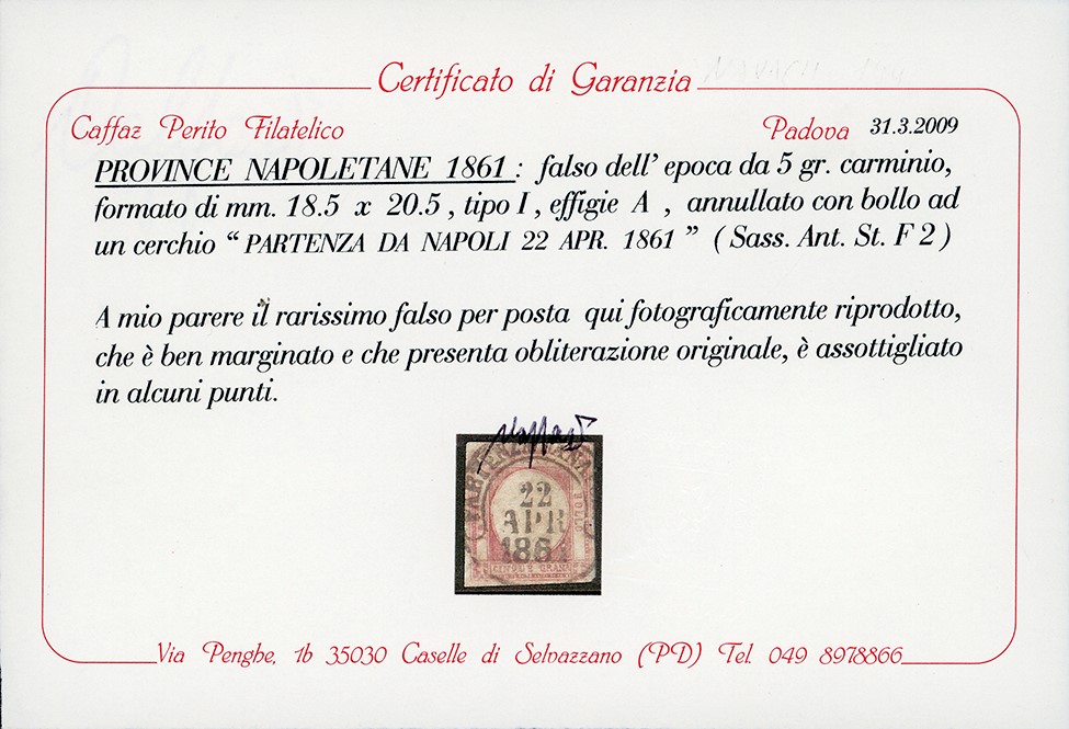 1861, 5 Grana Carminio, Falso per Posta del I Tipo (F2), Bollo 'Partenza da Napoli 22 Aprile 1861...