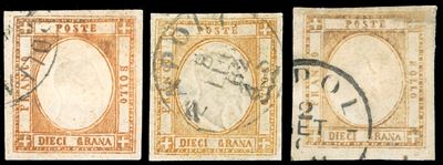 Falso per posta del II tipo, effigie C - 1861, 10 grana, esemplari arancio, giallo arancio e bist...