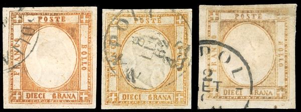 1861 - 10 grana, falso per posta del II tipo, effigie C, un esemplare arancio, uno giallo arancio e uno bistro (F8,F8a,F8b), usati, difettosi. Ottimo aspetto.