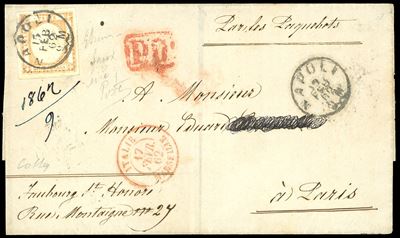 Falso per posta del II tipo, 1862 - 10 grana arancio, effigie C, su lettera da Napoli a Parigi