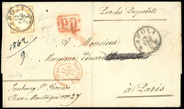 1862 - 10 grana arancio, falso per posta del II tipo, effigie C (F8), perfetto e con ampi margini, su lettera da Napoli 15/2/1862 a Parigi. Em.Diena e cert. Colla.