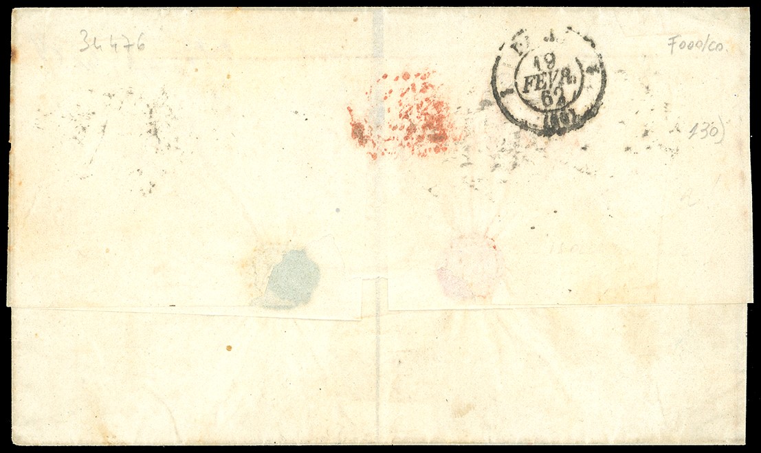 Falso per posta del II tipo, 1862 - 10 grana arancio, effigie C, su lettera da Napoli a Parigi