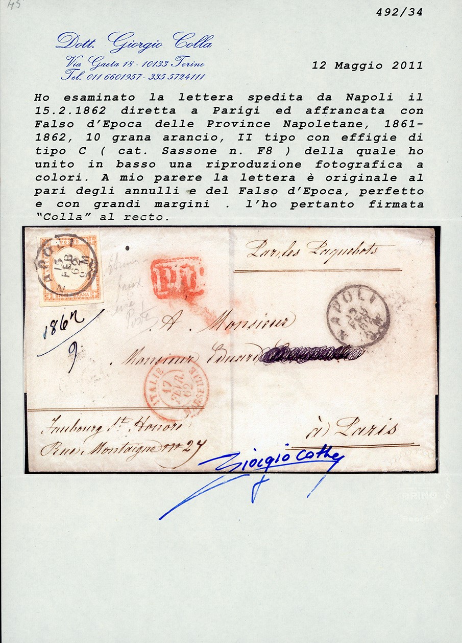 Falso per posta del II tipo, 1862 - 10 grana arancio, effigie C, su lettera da Napoli a Parigi