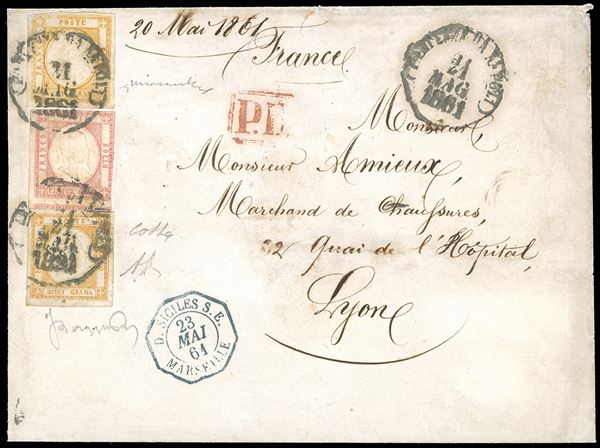 1861 - 20 grana giallo arancio, 10 grana bistro arancio, I tipo, entrambi falsi per posta con effigie di tipo B, 5 grana rosa (F10,F6,21e), lievi difetti, ad eccezione del 10 grana, che è perfetto, su lettera da Napoli 21/5/1861 a Lione, in Francia. Affrancatura estremamente rara con due falsi per posta. Bargagli, Chiavarello, cert. A.Diena e Colla.