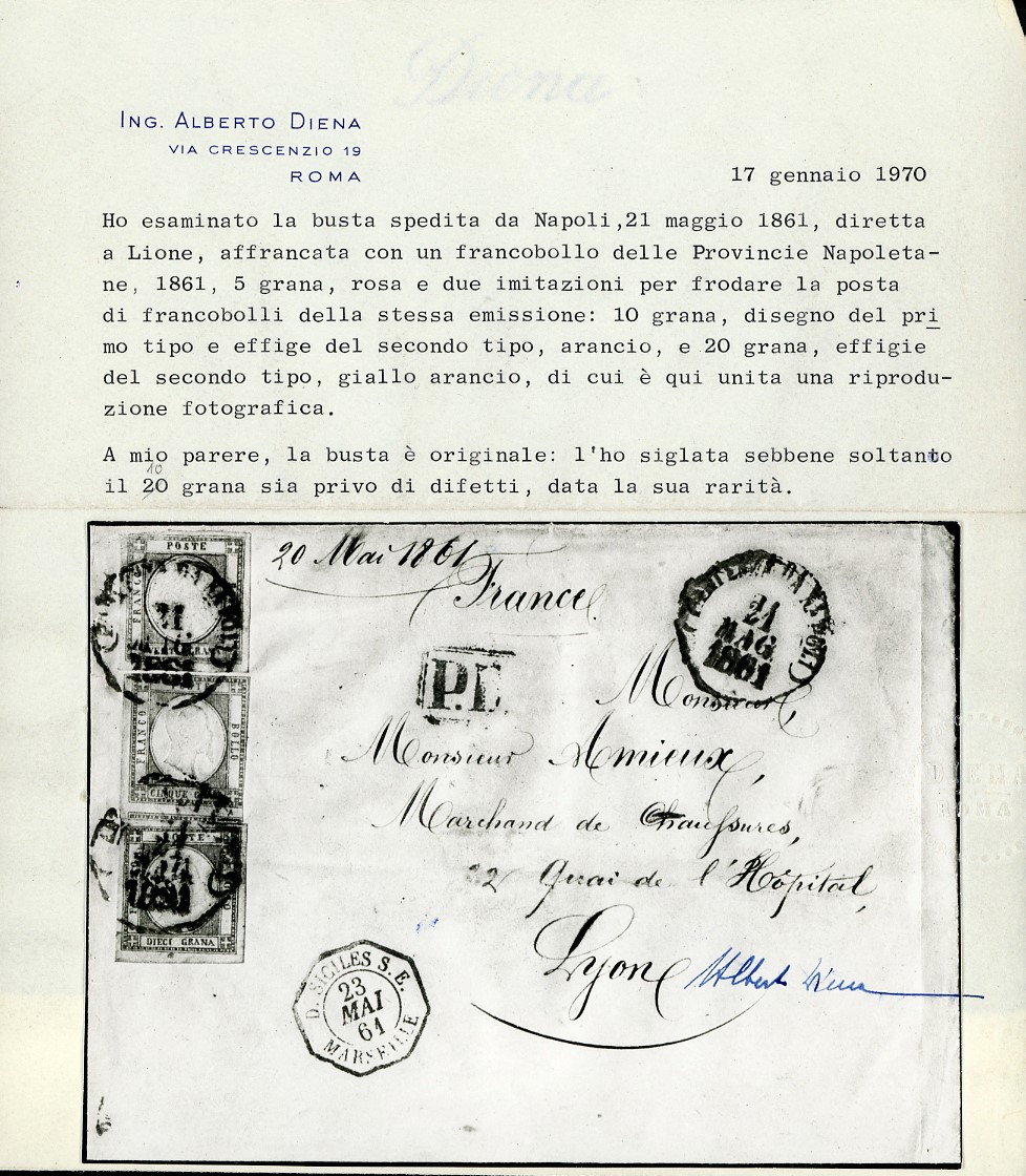 1861, 20 grana giallo arancio, 10 grana bistro arancio, I tipo, falsi per posta con effigie di ti...
