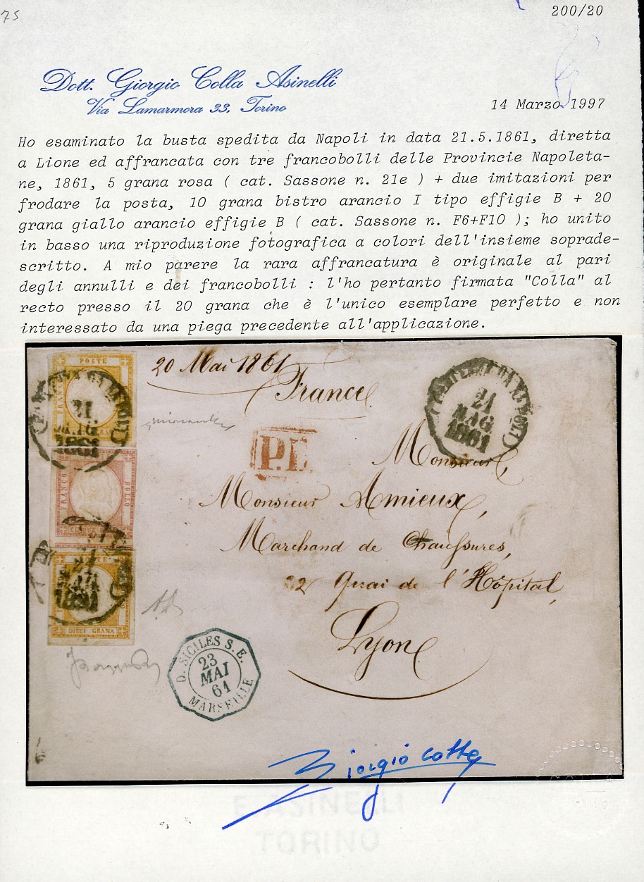 1861, 20 grana giallo arancio, 10 grana bistro arancio, I tipo, falsi per posta con effigie di ti...