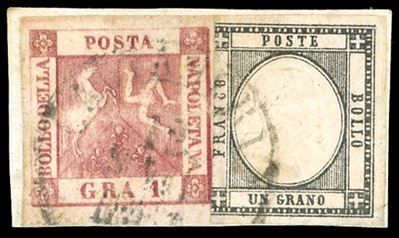 Ferrario, 1861 - 1 grano rosa carminio e 1 grano grigio nero delle Province Napoletane, affrancat...