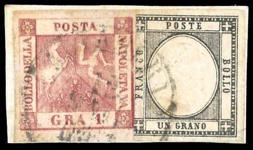 1861 - 1 grano rosa carminio, II tavola, in affrancatura mista con 1 grano grigio nero delle Province Napoletane (4,19a), margini intaccati, usati su piccolo frammento. Rara affrancatura mista di valori gemelli, di ottimo aspetto. Ferrario.  - Auction Philately - Cambi Casa d'Aste