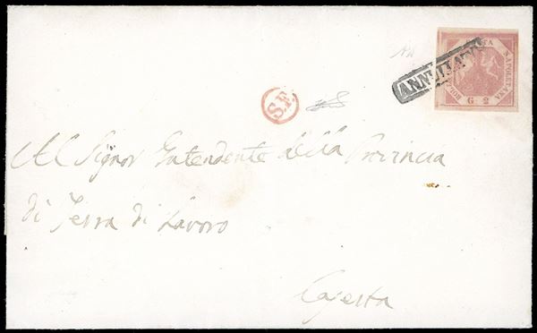 NAPOLI+SF in rosso punti 9 - 2 grana (7), perfetto e ben marginato, su fresca lettera del 3/12/1858 a Caserta, con il pregevole bollo ferroviario in rosso sul fronte. Splendida. A.Diena, Ferrario.
