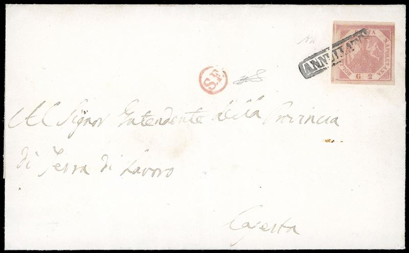 NAPOLI+SF in rosso punti 9 - 2 grana (7), perfetto e ben marginato, su fresca lettera del 3/12/1858 a Caserta, con il pregevole bollo ferroviario in rosso sul fronte. Splendida. A.Diena, Ferrario.  - Asta Filatelia - Cambi Casa d'Aste