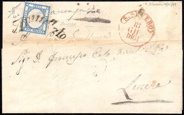 SAN SEVERO, svolazzo + cerchio rosso punti R1 - 2 grana (20b), perfetto, su sovracoperta di lettera del 18/6/1861 per Lucera. Raro! Sassone, cert. Sorani.