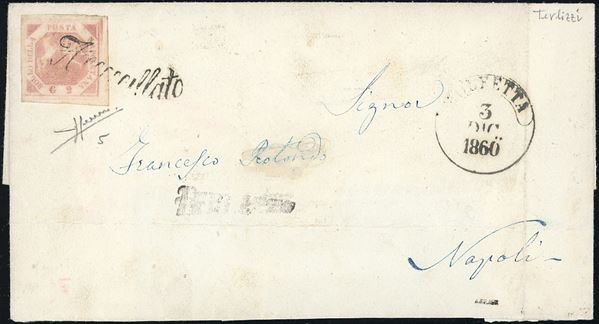TERLIZZI, lineare + svolazzo e cerchio di Molfetta punti 13 - 2 grana (5), perfetto, su sovracoperta di lettera del 3/12/1860 per Napoli. Rara lettera in periodo di Luogotenenza di Carlo Farini. Cert. Sorani.