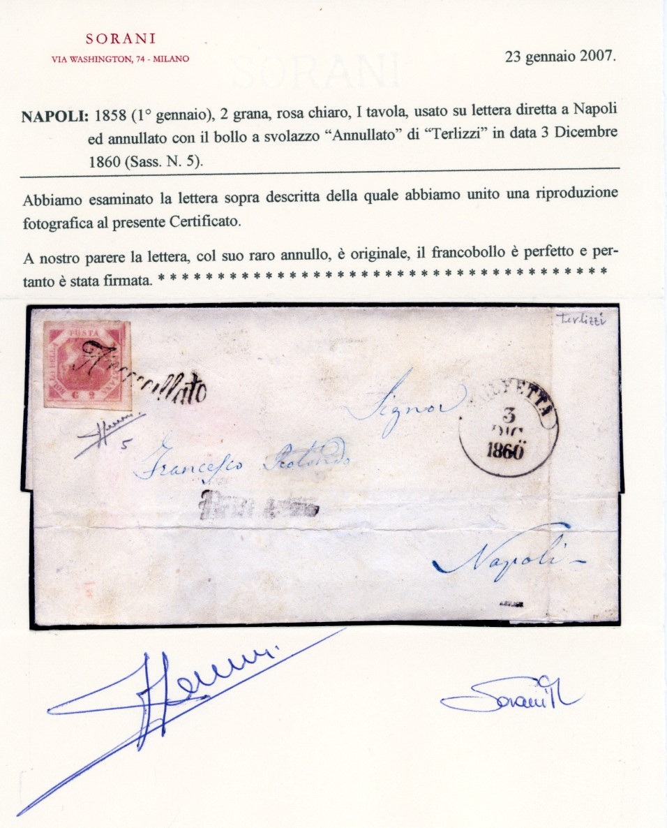 Terlizzi, Lineare + Svolazzo e Cerchio di Molfetta, 13 - 2 Grana (5), Lettera del 3/12/1860