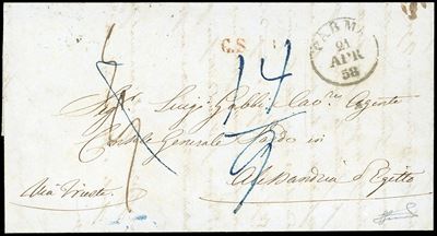 Lettera non affrancata da Parma ad Alessandria d'Egitto, 21 aprile 1858
