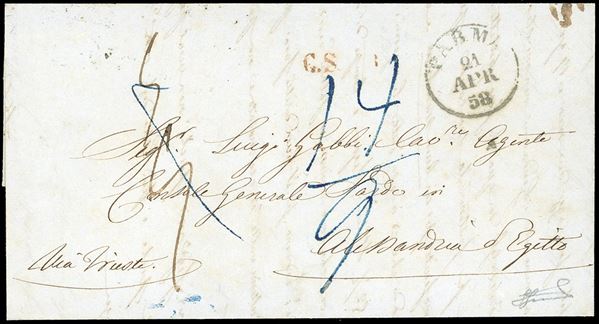 1858 - Lettera non affrancata da Parma 21/4/1858 ad Alessandria d'Egitto, sul fronte manoscritto "Via  [..]