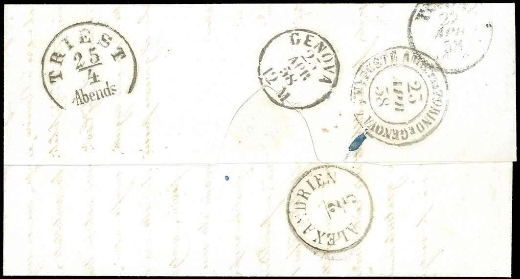 Lettera non affrancata da Parma ad Alessandria d'Egitto, 21 aprile 1858