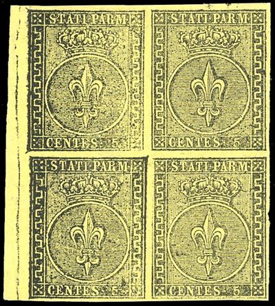 Ferrario, 1852 - 5 cent. giallo arancio, blocco di quattro con bordo di foglio
