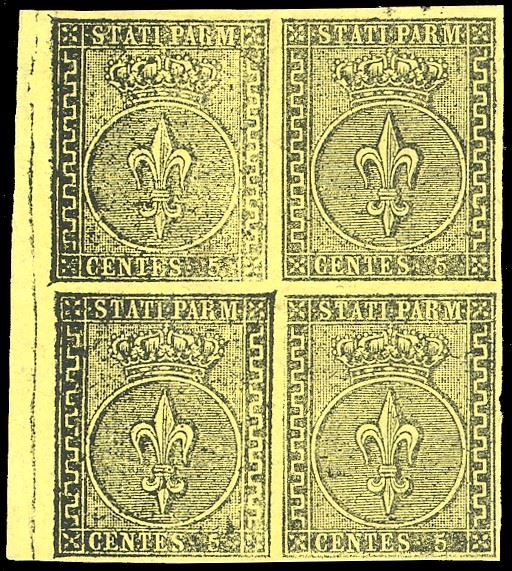 1852 - 5 cent. giallo arancio (1), blocco di quattro, bordo di foglio, nuovo, gomma originale, integra per due esemplari, perfetto. Bellissimo. Ferrario.  - Asta Filatelia - Cambi Casa d'Aste
