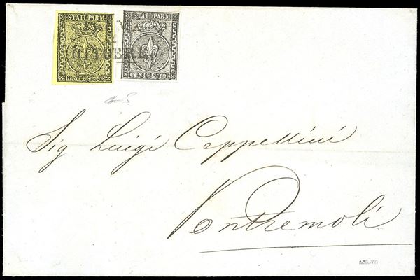 1853 - 5 cent. e 10 cent., margine di foglio (1,2), perfetto, su fresca lettera da Parma 2/10/1853 a Pontremoli. Bellissima! Ferrario.