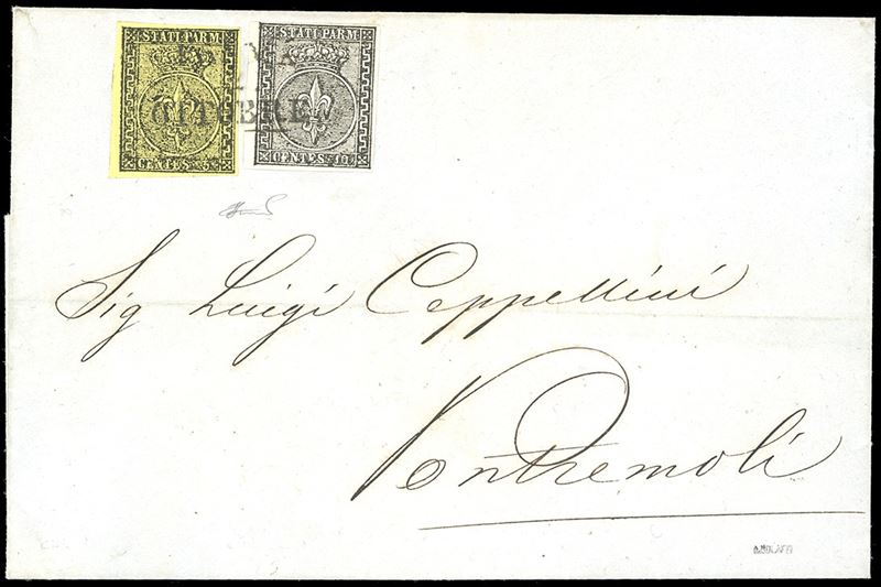 1853 - 5 cent. e 10 cent., margine di foglio (1,2), perfetto, su fresca lettera da Parma 2/10/1853 a Pontremoli. Bellissima! Ferrario.  - Auction Philately - Cambi Casa d'Aste