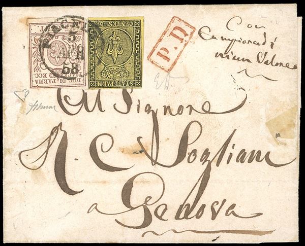 1858 - 5 cent. giallo arancio, I emissione, in affrancatura mista con 25 cent. bruno lilla, III emissione (1,10), ottimo stato, su lettera da Piacenza 3/4/1858 a Genova, sul fronte bollo "PD" in cartella in rosso e manoscritto "con campione di niun valore". Interessante e non comune. Emilio ed Enzo Diena, cert. Ghiglione.