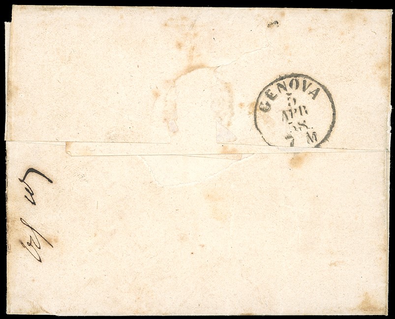 1858, 5 cent. giallo arancio e 25 cent. bruno lilla, affrancatura mista su lettera